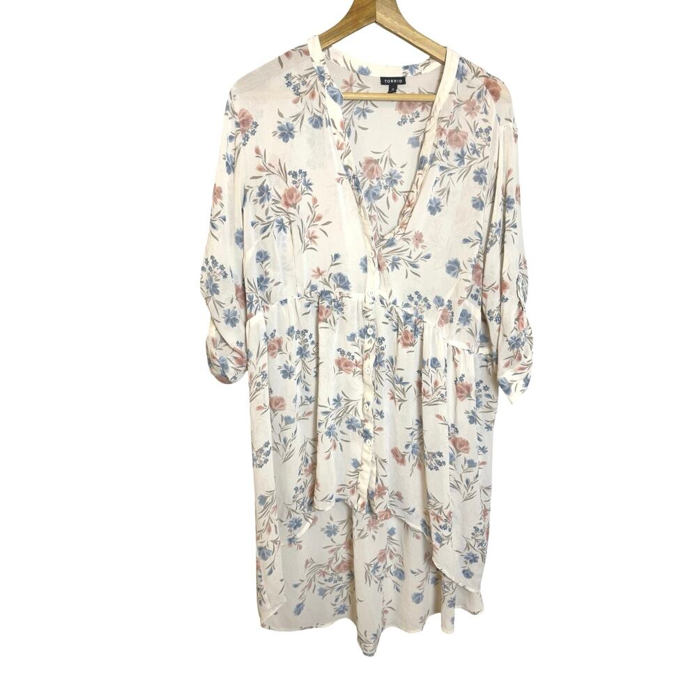 Torrid Women's Floral Sheer High Low Button Through Tab Sleeved Top 2XL